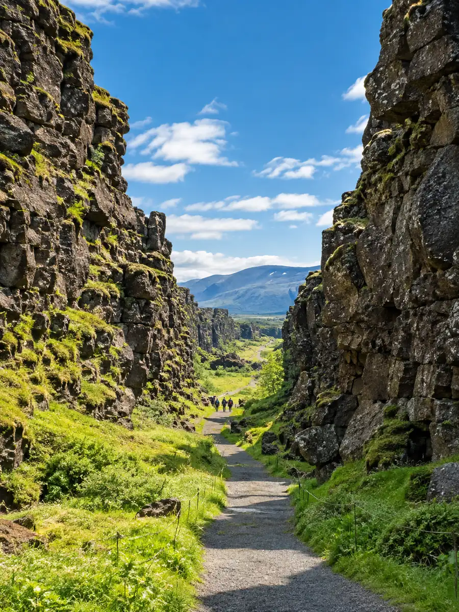 La gorge de rift d'Almannagja, dans le parc national de Thingvellir, par une journée d'été ensoleillée