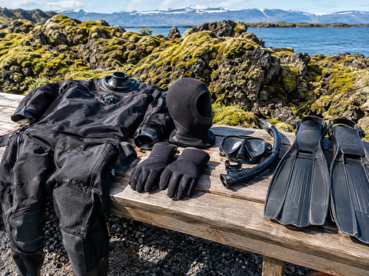 Une combinaison étanche noire, une cagoule en néoprène, des gants, un masque, un tuba et des palmes posés sur un banc en bois