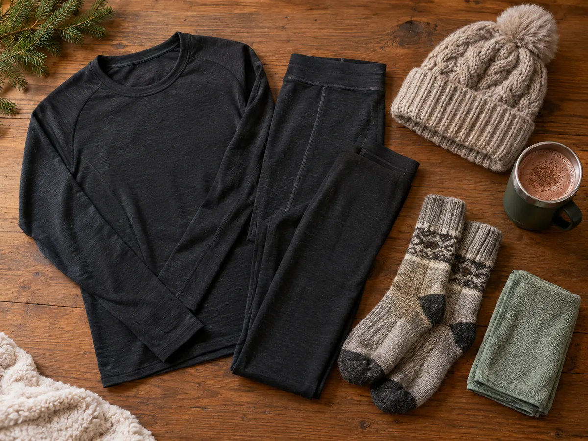 Une sous-couche en mérinos, d'épaisses chaussettes en laine, une serviette et un chocolat chaud sur une table en bois